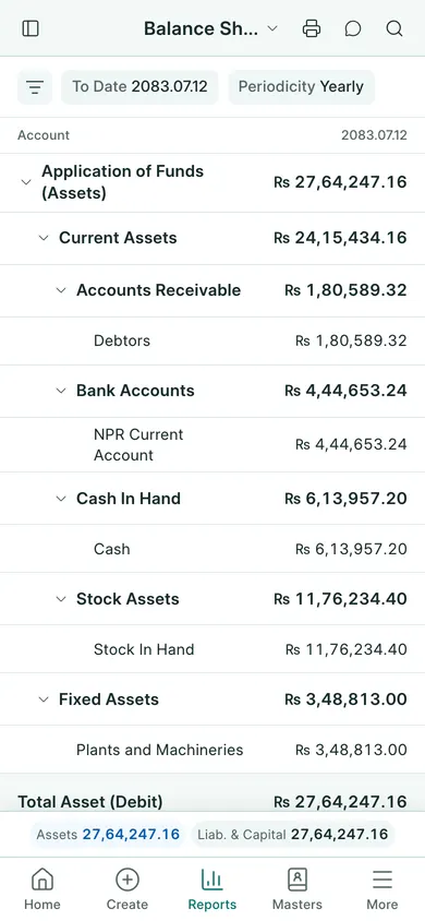 BookPana: assets, liabilities and equity in NPR, phone layout