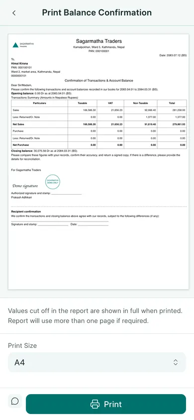 BookPana: confirmation letter with annual transactions and the closing balance, phone layout
