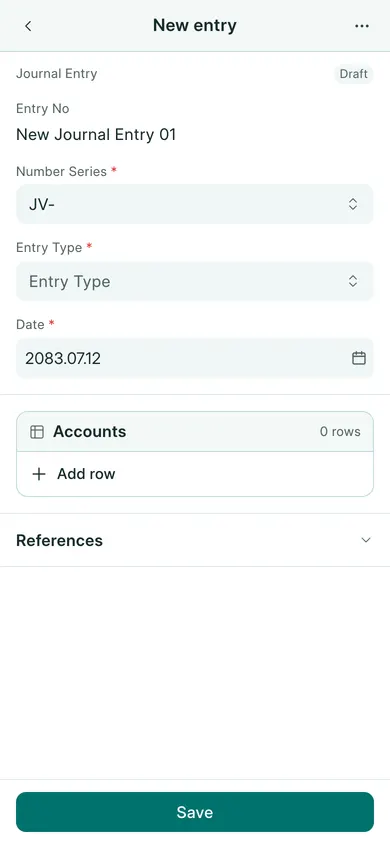BookPana journal entry form showing fictional demo records, phone layout