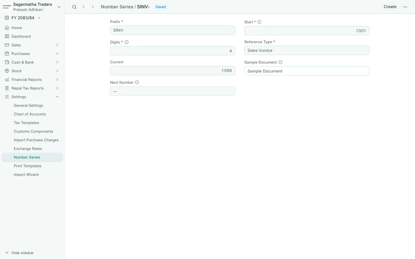 BookPana sales invoice number series showing fictional demo records, desktop layout
