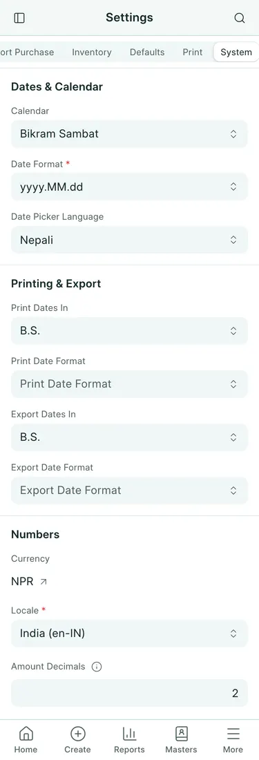 BookPana Number settings with fictional records for Sagarmatha Traders, phone layout