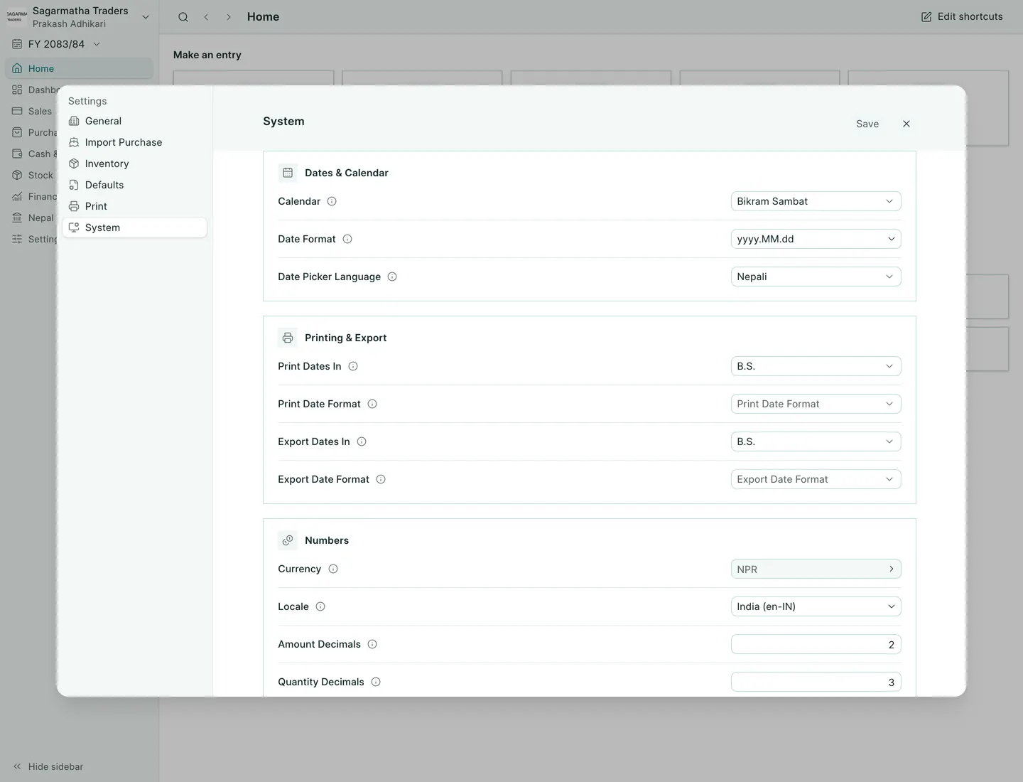BookPana Number settings with fictional records for Sagarmatha Traders, desktop layout