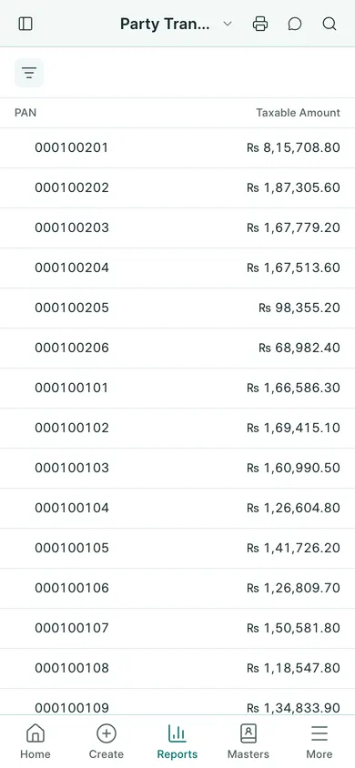 BookPana party transactions above one lakh showing fictional demo records, phone layout