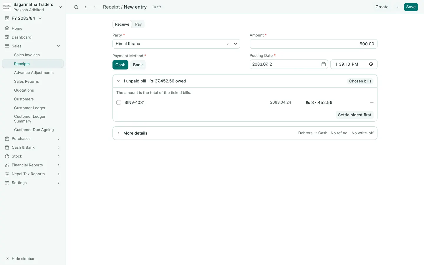 BookPana receipt and bill allocations showing fictional demo records, desktop layout