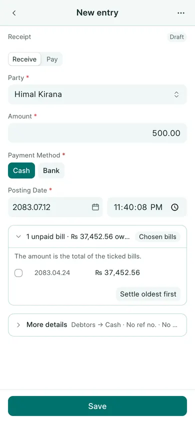 BookPana receipt and bill allocations showing fictional demo records, phone layout