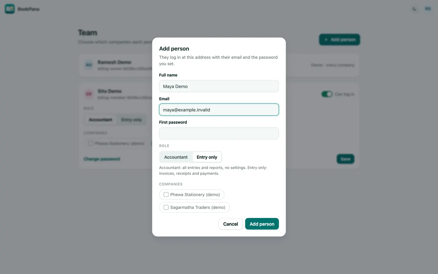 BookPana add person dialog showing fictional demo records, desktop layout