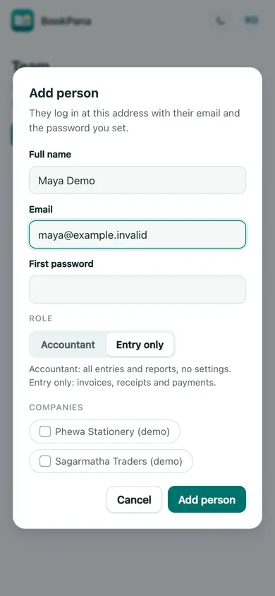 BookPana add person dialog showing fictional demo records, phone layout