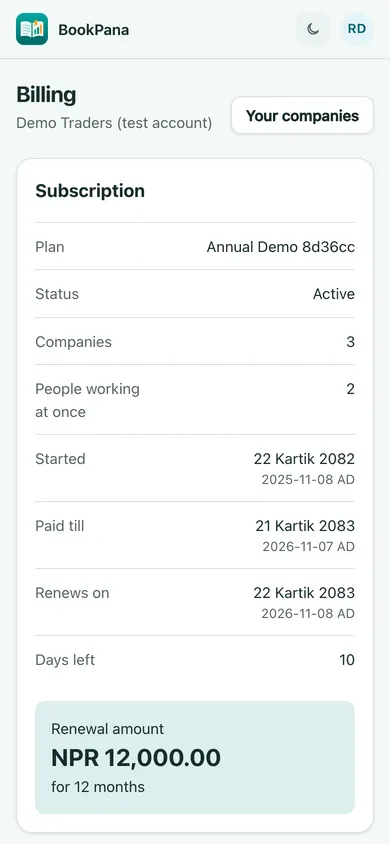 BookPana owner billing details showing fictional demo records, phone layout