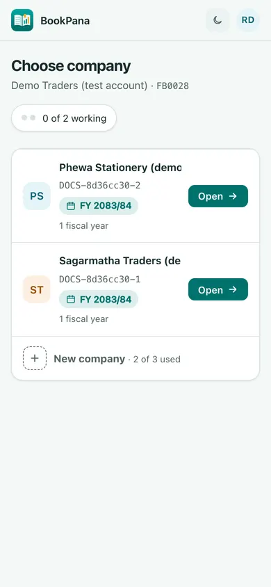 BookPana choose company showing fictional demo records, phone layout
