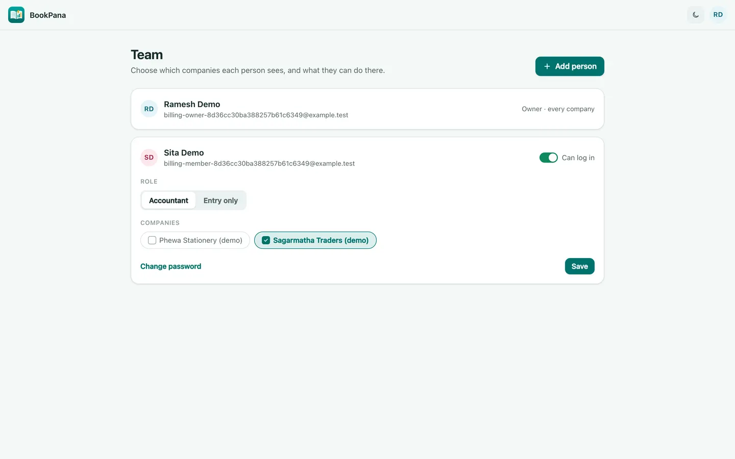 BookPana team access showing fictional demo records, desktop layout