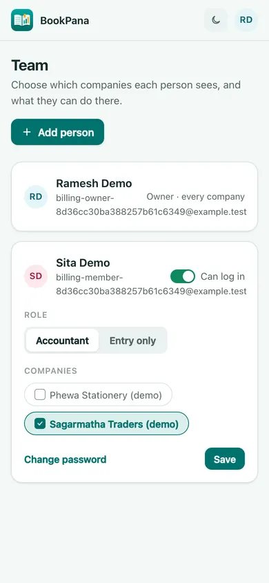 BookPana team access showing fictional demo records, phone layout