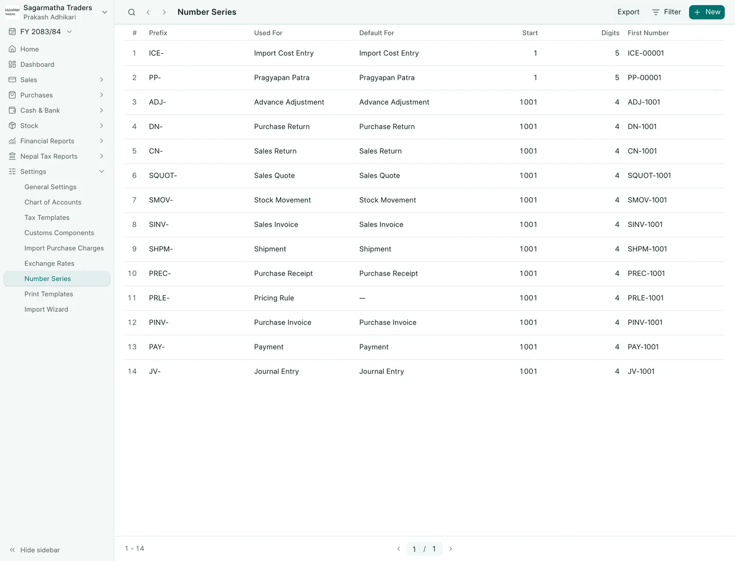 BookPana Number series defaults with fictional records for Sagarmatha Traders, desktop layout