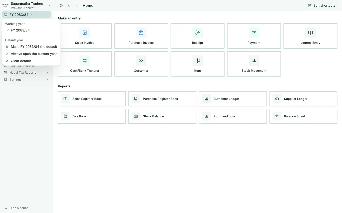 BookPana working year selector showing fictional demo records, desktop layout