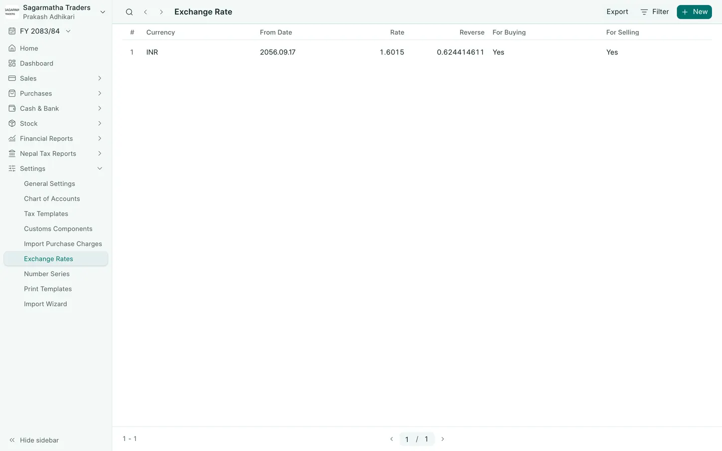 BookPana Exchange rates with fictional import records for Sagarmatha Traders, desktop layout