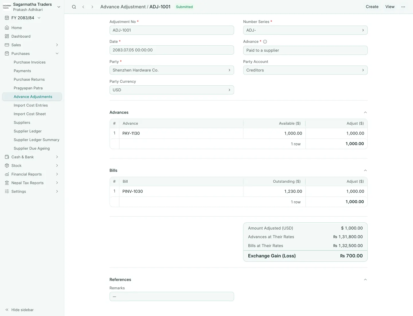 BookPana Advance Adjustment with fictional records for Sagarmatha Traders, desktop layout