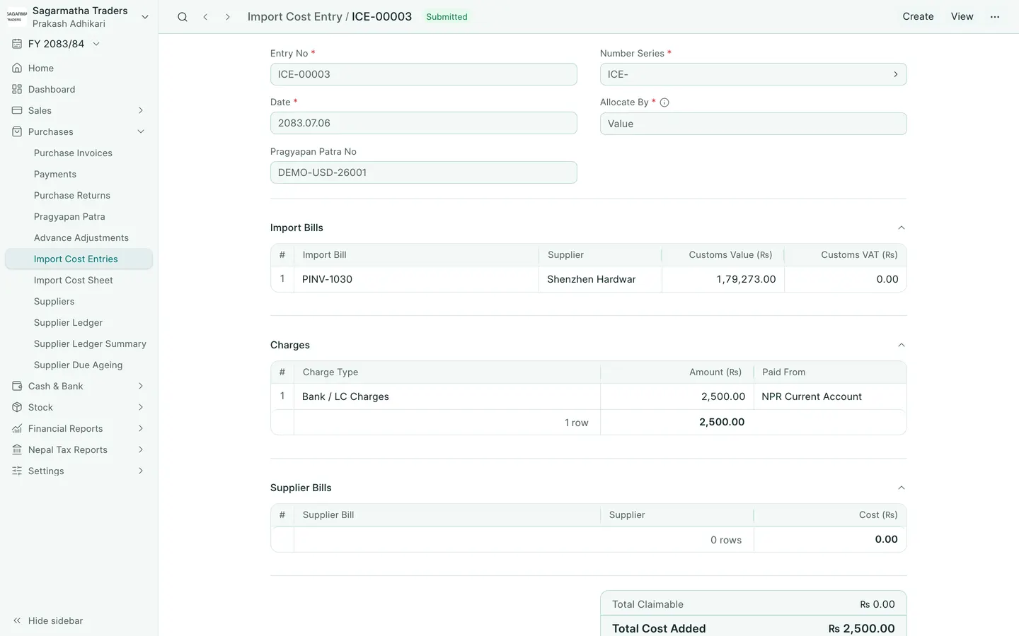 BookPana Import Cost Entry with fictional import records for Sagarmatha Traders, desktop layout