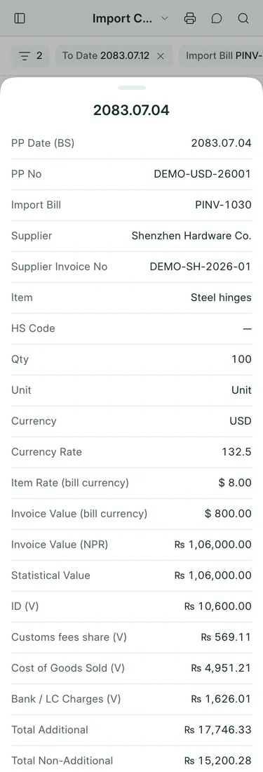 BookPana Import Cost Sheet with fictional records for Sagarmatha Traders, phone layout