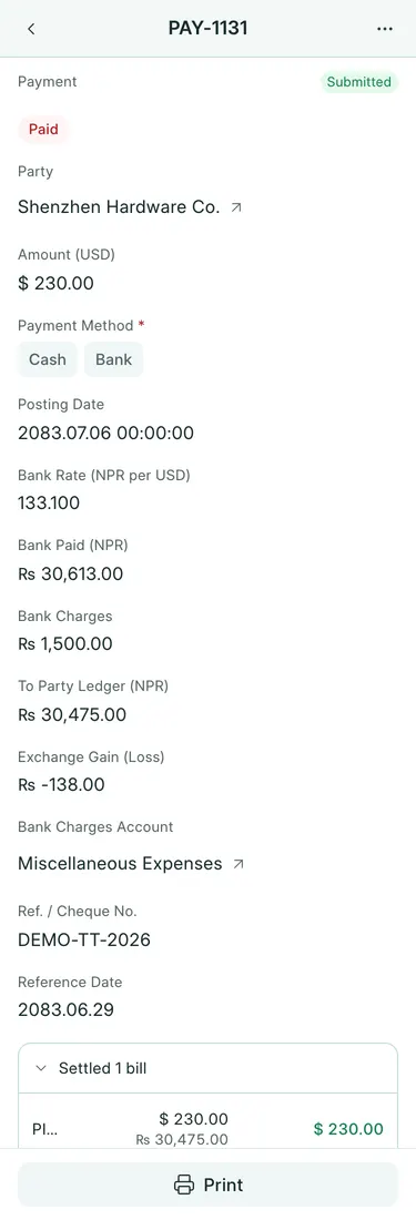 BookPana Overseas supplier payment with fictional records for Sagarmatha Traders, phone layout