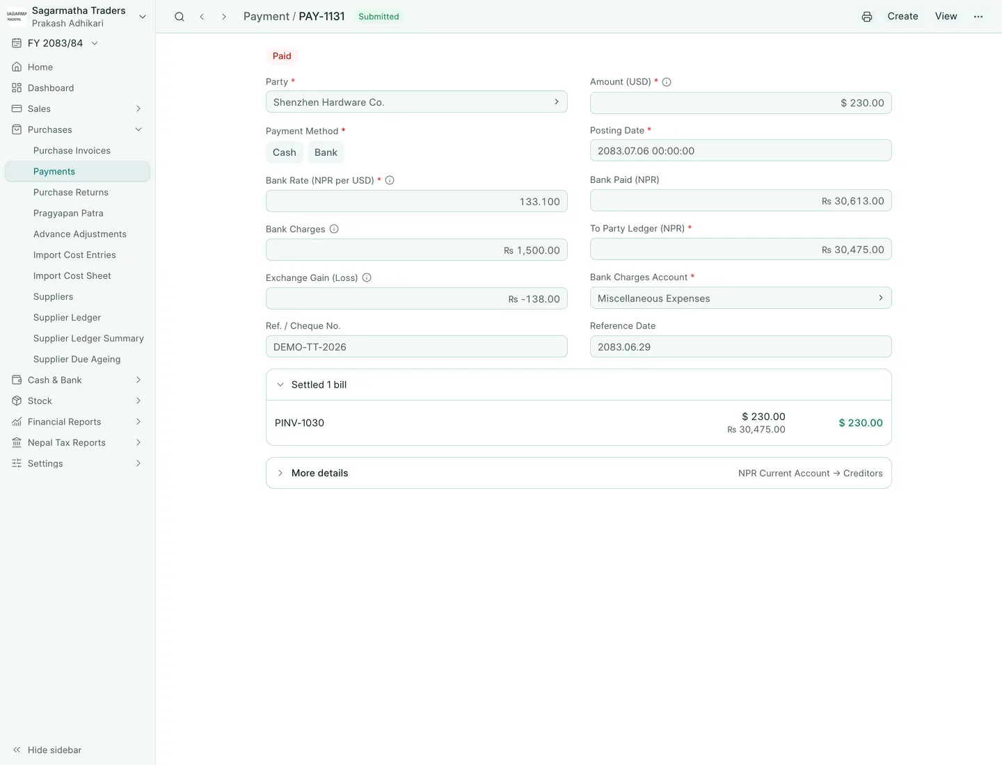 BookPana Overseas supplier payment with fictional records for Sagarmatha Traders, desktop layout