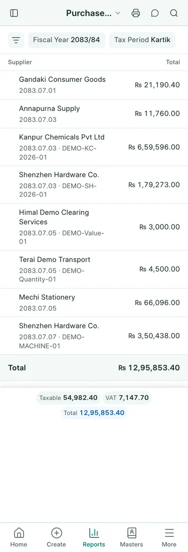BookPana Imports in Purchase Register with fictional records for Sagarmatha Traders, phone layout