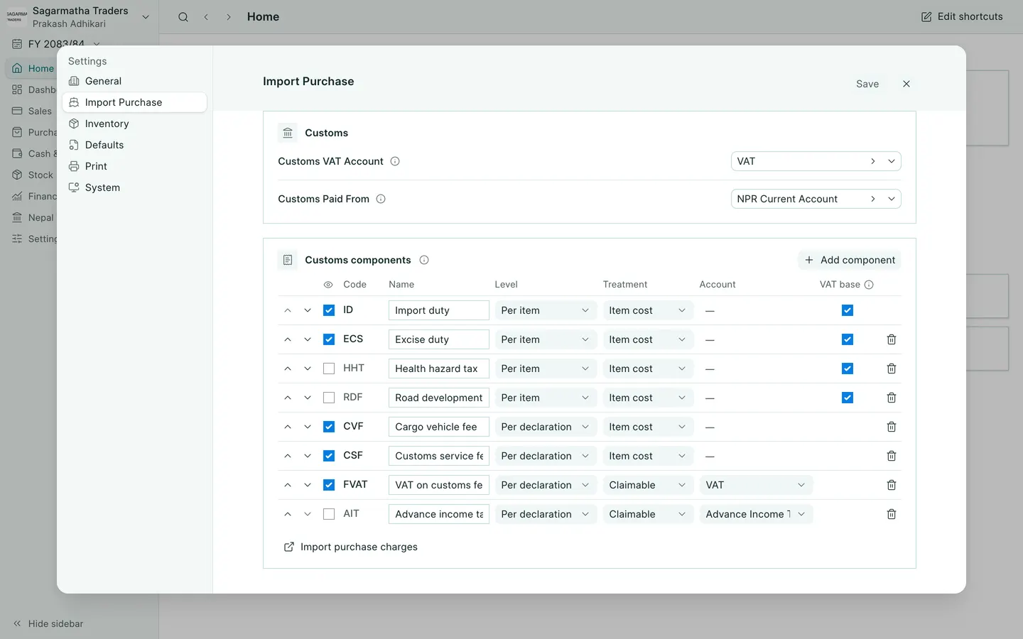 BookPana Import Purchase settings with fictional import records for Sagarmatha Traders, desktop layout