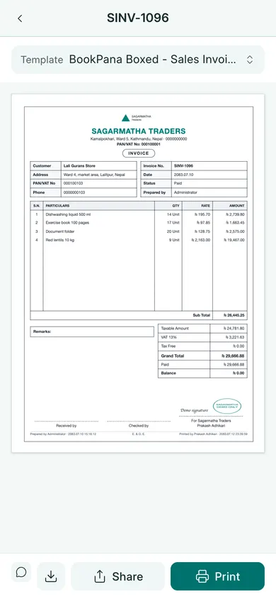 BookPana: boxed invoice with logo, VAT, stamp and signature, phone layout