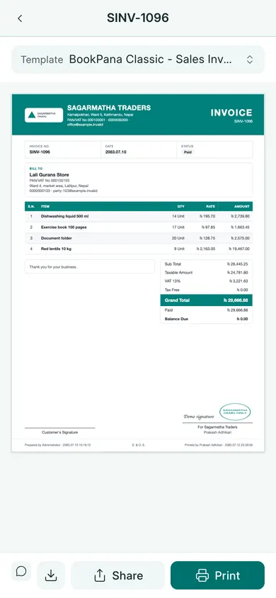 BookPana: classic invoice with logo, VAT, stamp and signature, phone layout