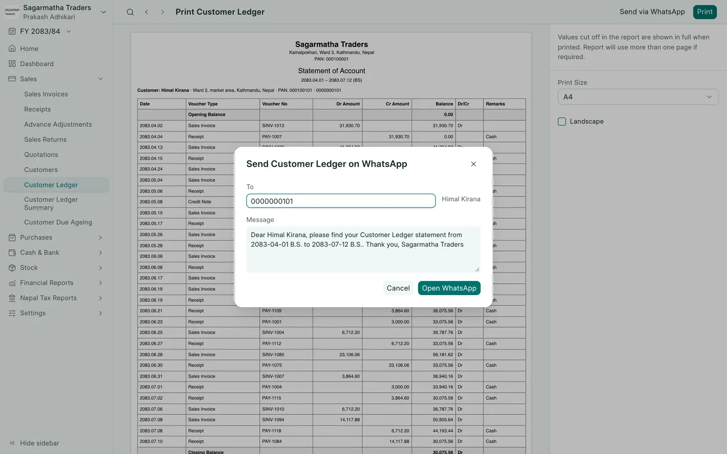 BookPana: ready WhatsApp PDF sharing dialog for a customer ledger, desktop layout