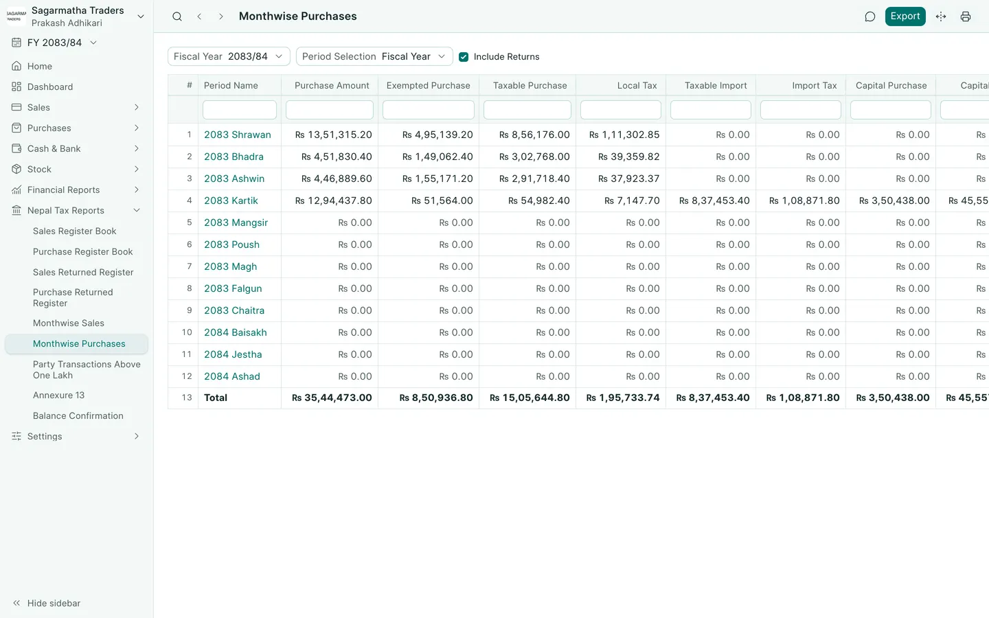 BookPana: purchases and VAT totals by Bikram Sambat month, desktop layout