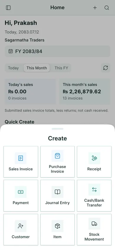 BookPana: phone Create menu for invoices, purchases, receipts and other entries, phone layout