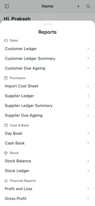 BookPana: phone Reports menu grouped by daily work, phone layout