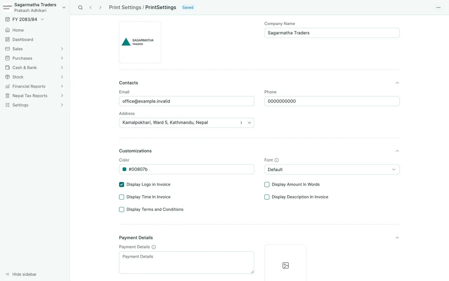 BookPana Print Settings showing the company logo and contact details, desktop layout