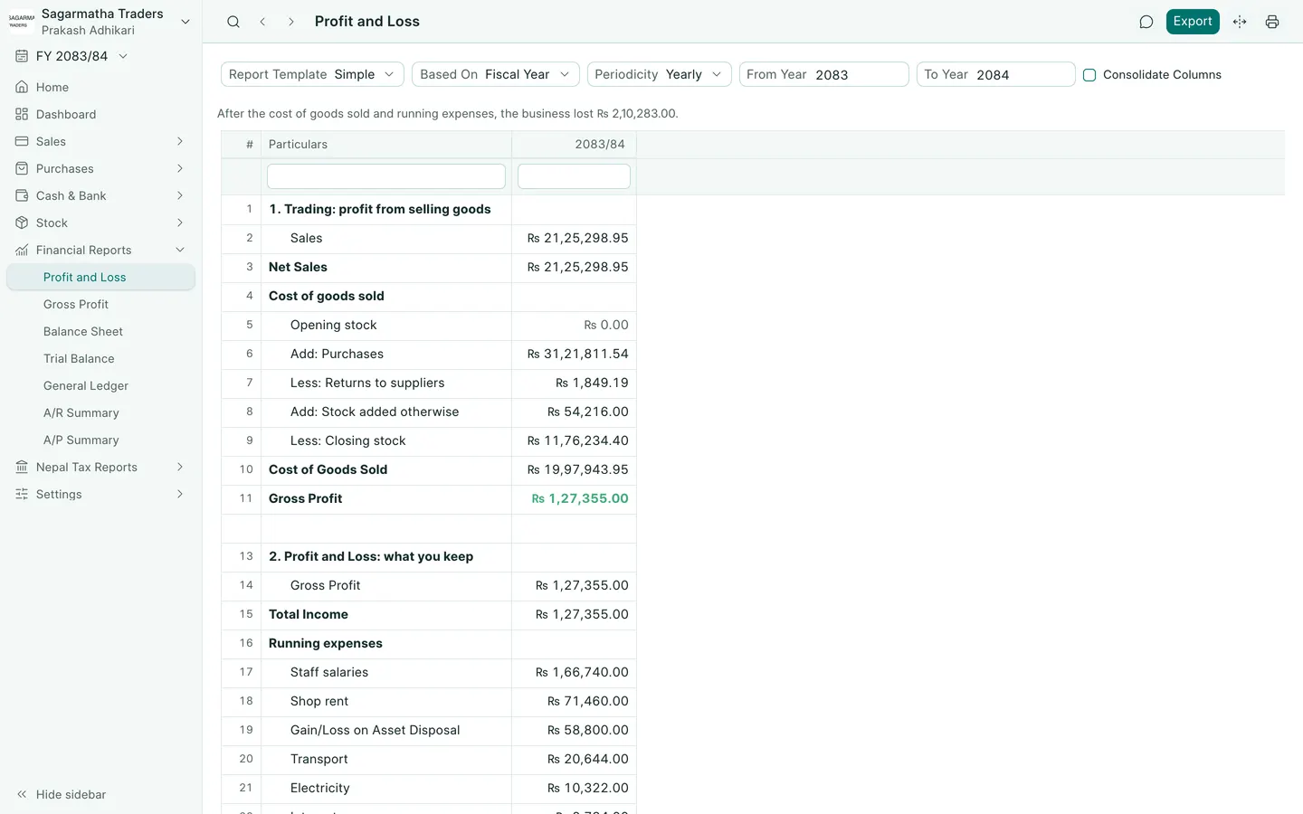 BookPana: income, cost of goods and operating expenses, desktop layout