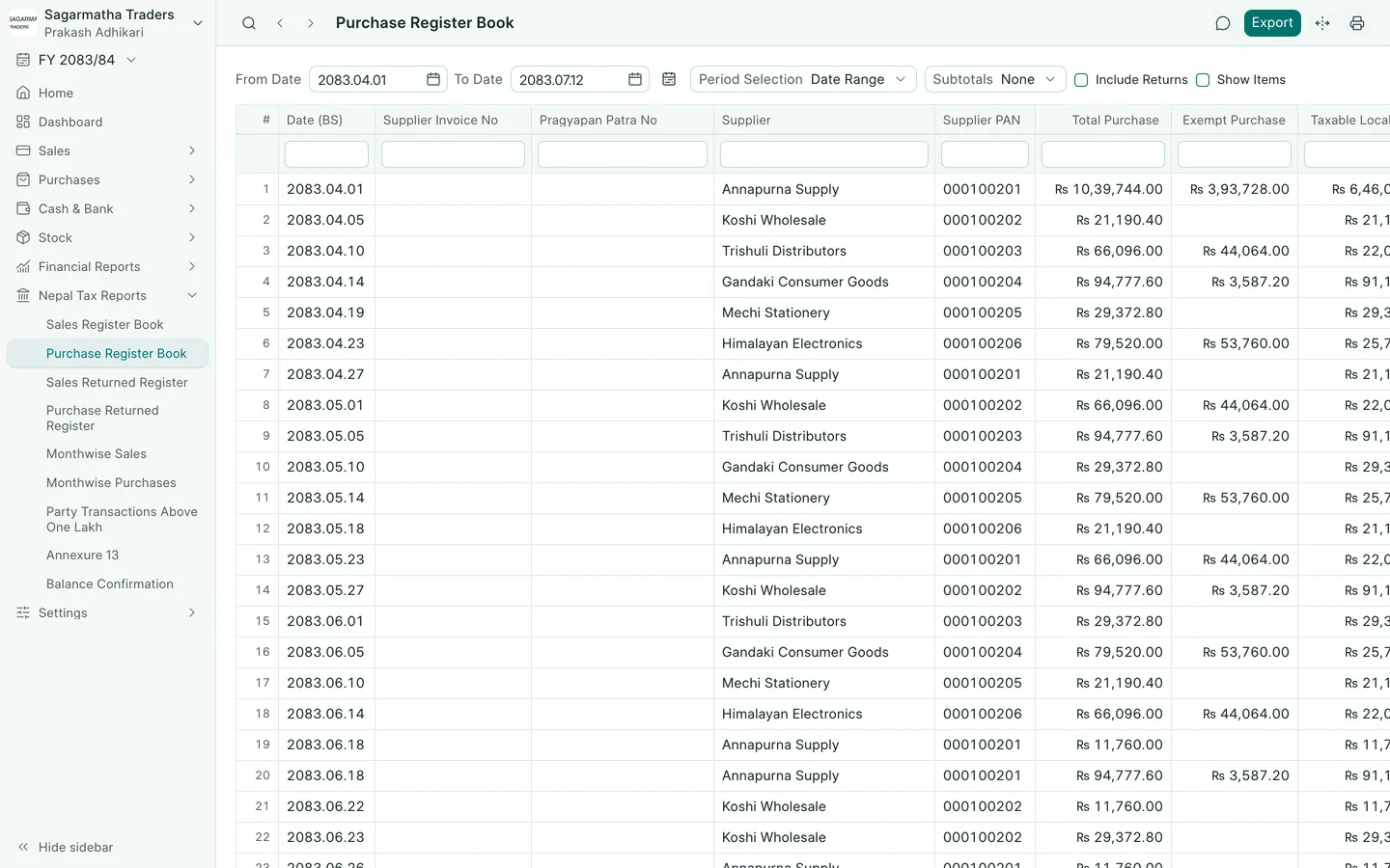 BookPana: purchase register book with suppliers and VAT amounts, desktop layout