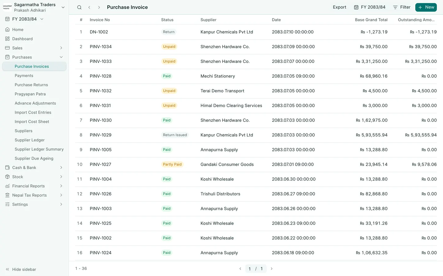 BookPana: supplier purchases with settlement status, desktop layout
