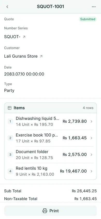 BookPana: a quotation with item quantities and NPR prices, phone layout