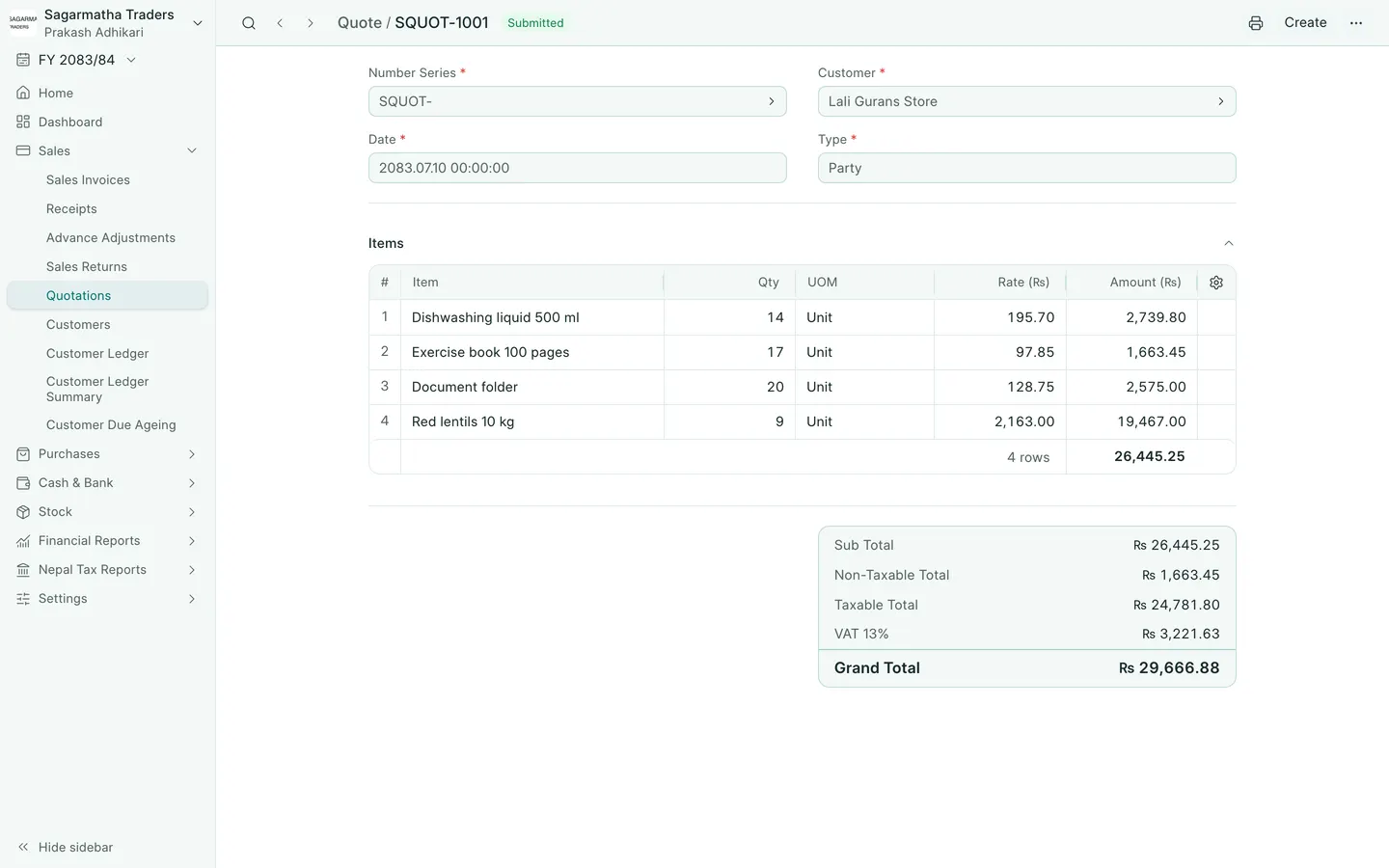 BookPana: a quotation with item quantities and NPR prices, desktop layout