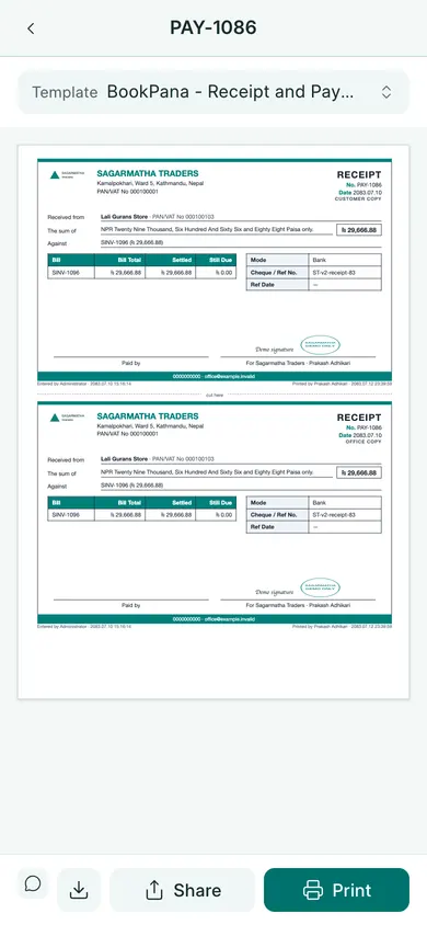 BookPana: printed receipt showing the invoice allocation, phone layout