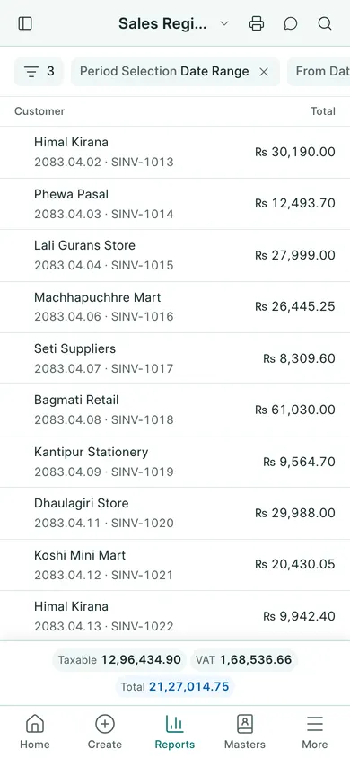 BookPana: sales register book with taxable, exempt and VAT amounts, phone layout