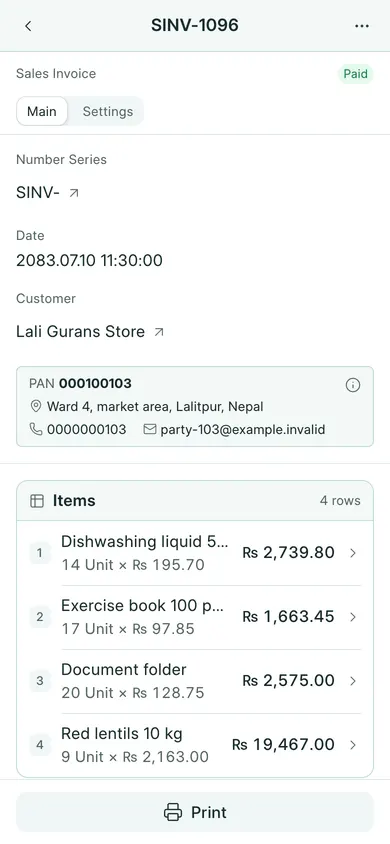 BookPana: sales invoice with items, VAT and the customer balance, phone layout