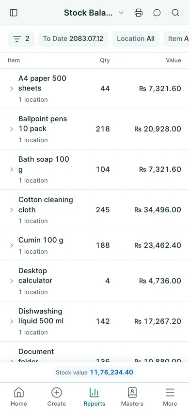 BookPana: quantities on hand and stock values by item, phone layout
