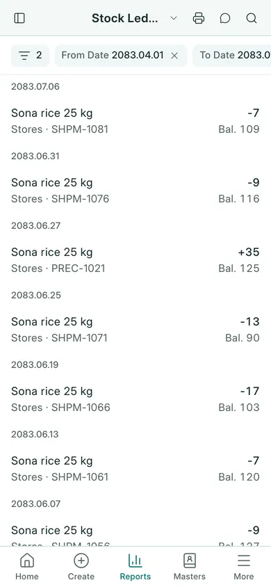 BookPana: receipts and shipments with the running item quantity, phone layout