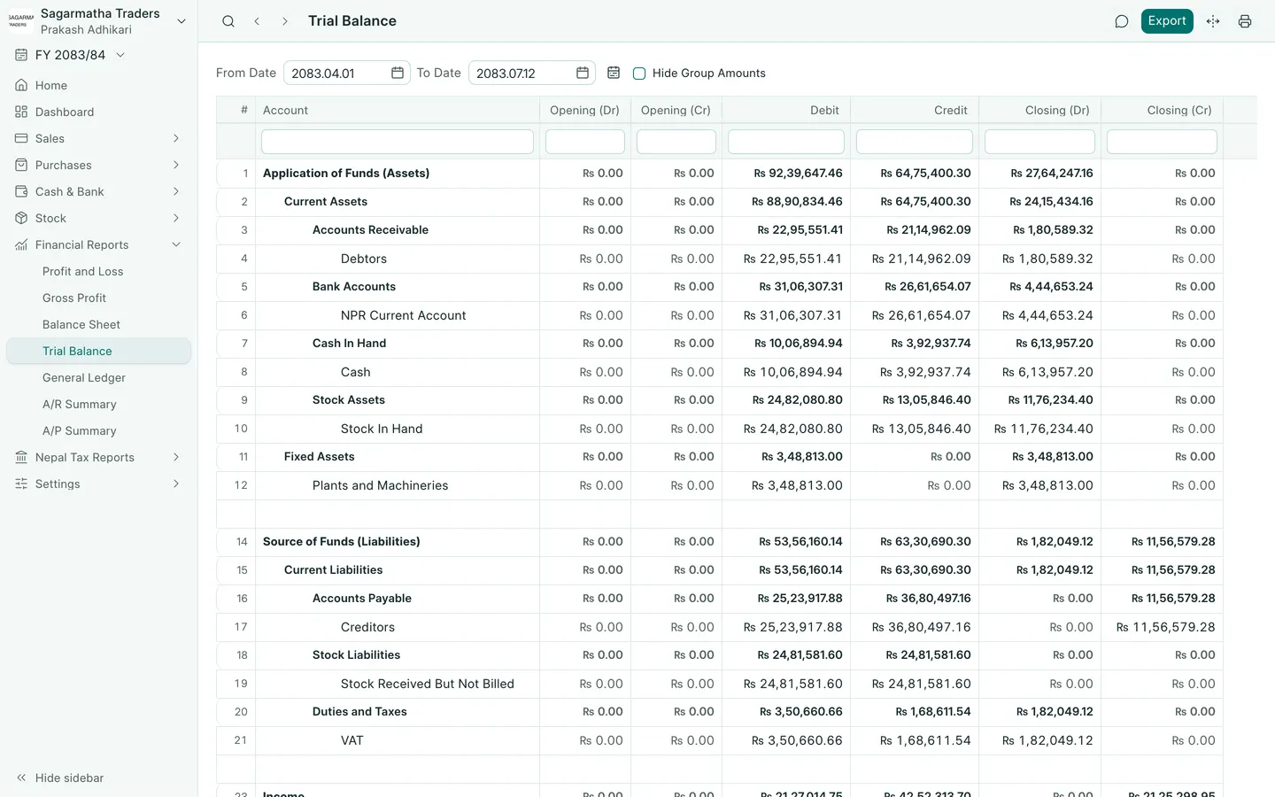 BookPana: account balances with debit and credit totals, desktop layout